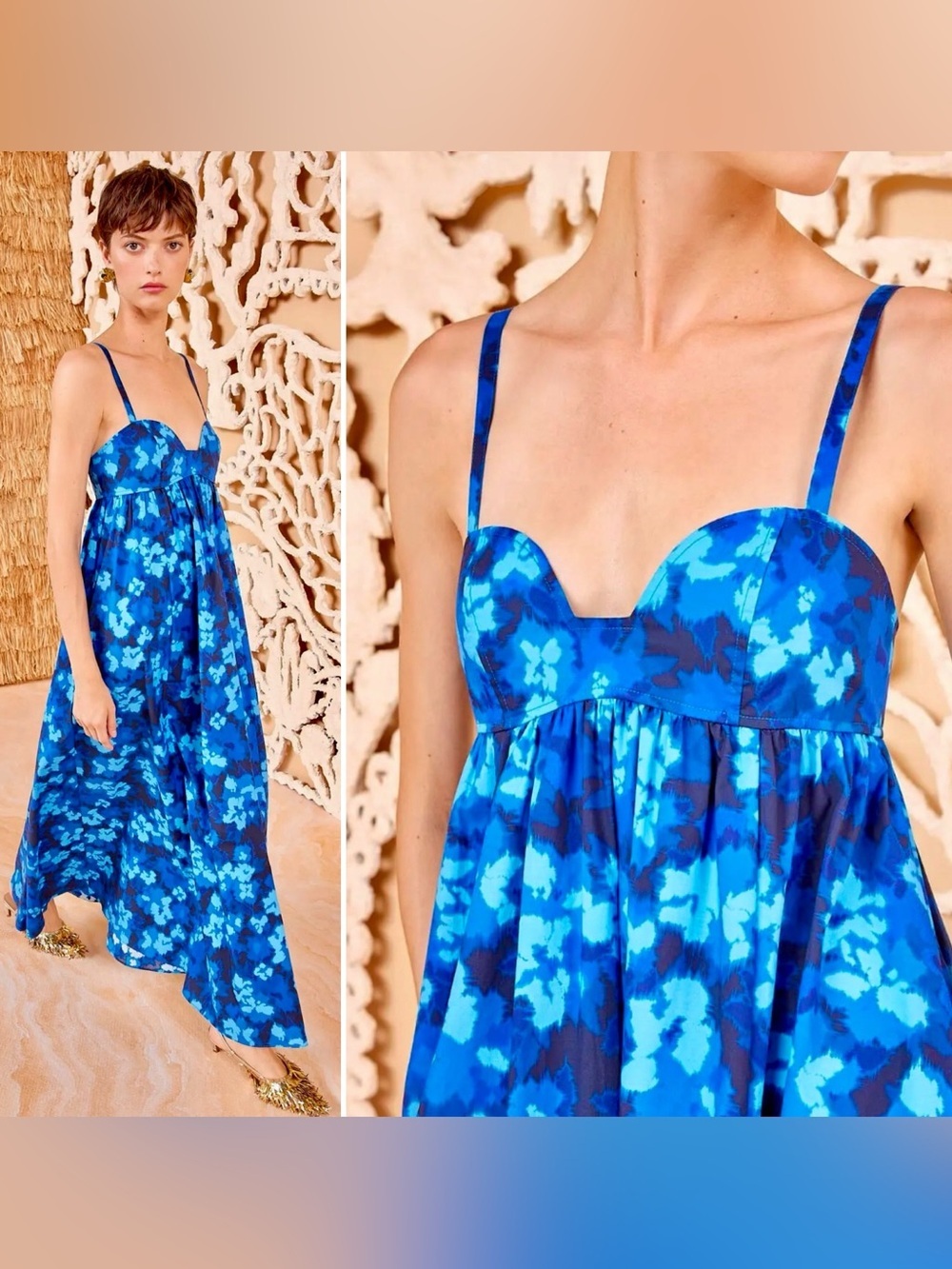 Ulla Johnson Harlan Blue Floral Sweetheart Midi Dress Boho Luxury 0 XS